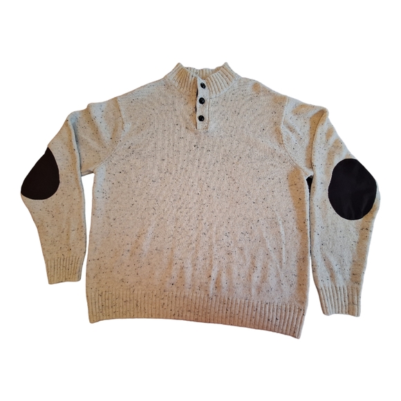 Chaps Tweed Mock Neck Popover Sweater Cotton Blend Elbow Patch Oatmeal Speck XL - Picture 10 of 15